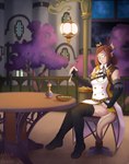 armwear breasts brown_hair clothed clothing cutlery eating elbow_gloves exclamation_point female food fork gloves hair handwear human_to_anthro kitchen_utensils legwear night outside plant solo species_transformation tail thigh_highs tools transformation tree witchofavalon final_fantasy final_fantasy_xiv mythology square_enix animal_humanoid au_ra dragon human humanoid mammal mythological_creature mythological_scalie scalie scalie_humanoid hi_res