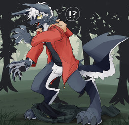 4_toes after_transformation anthro biped black_clothing black_shirt black_topwear bodily_fluids bottomwear claws clothing crotch_tuft digitigrade fangs feet finger_claws forest fur green_bottomwear green_clothing green_pants grey_body grey_fur human_to_anthro implied_transformation interrobang jacket male open_mouth outside pants pawpads plant red_clothing red_jacket red_topwear shirt solo species_transformation surprised sweat teeth toe_claws toes topwear transformation tree tuft juutton canid canine canis mammal wolf hi_res shaded