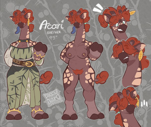 anthro areola big_breasts breasts clothed clothing female fur hair nipples nude simple_background smile solo standing tail tall thick_thighs tongue tongue_out wide_hips hardpressed_(artist) acari_(zuthecomcat) giraffe giraffid mammal absurd_res digital_media_(artwork) hi_res model_sheet