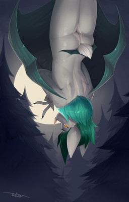 anthro butt claws hair looking_at_viewer looking_back looking_back_at_viewer male neck_tuft night plant rear_view solo tree tuft upside_down winged_arms wings dlw basil_(dlw) bat mammal absurd_res hi_res