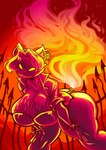 anthro big_breasts biped bodily_fluids breasts ear_piercing ear_ring female fingers fire flaming_tail hair huge_breasts piercing ring_piercing sharp_teeth smile solo sweat tail teeth thick_thighs cerealharem mammal absurd_res hi_res