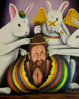 ambiguous_gender beard brown_hair christian_cross christian_symbol clothing cross eyelid_pull facial_hair fake_wings feathered_wings feathers feet feral fingernails fingers fur green_clothing green_hat green_headwear group hair halo hat headgear headwear holding_cross holding_object lips male mature_human mature_male mouth_closed nails one_eye_closed open_mouth pink_nose praying pulling_hair pupils puppet_strings puppeteer purple_background religion religious_symbol resurrection simple_background snout standing string text toes touching_hair white_body white_fur wings jack_kevorkian christianity human lagomorph leporid mammal rabbit 1994 formal_art hi_res painting_(artwork) shaded soft_shading traditional_media_(artwork) traditional_painting_(artwork)