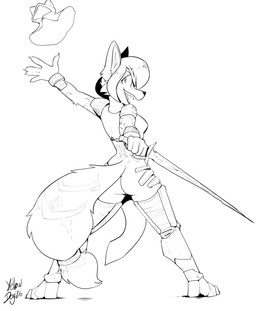 anthro armor biped bottomwear bracelet butt clothing cuisse female female_anthro greaves holding_melee_weapon holding_object holding_sword holding_weapon jewelry loincloth looking_at_viewer looking_back looking_back_at_viewer melee_weapon open_mouth open_smile sabatons smile solo sword unconvincing_armor weapon yellowdog canid canine fox mammal 2026 absurd_res digital_media_(artwork) hi_res monochrome