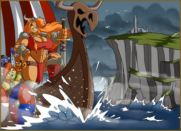 abs anthro armor belt biceps big_breasts boots bottomwear breasts cleavage cliff clothed clothing eye_patch eyewear female footwear headgear helmet loincloth male melee_weapon muscular muscular_female navel open_mouth outside sea shield ship shoes skimpy smile sword teeth vehicle viking warrior water watercraft weapon lordstevie disney gummi_bears ursa_(gummi_bears) 2017