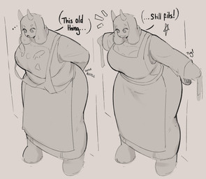 2_horns anthro apron big_breasts big_butt breasts butt circle_eyebrows clothing cute_fangs delta_rune_(emblem) dialogue dress ellipsis exclamation_point eyebrows eyelashes fangs female fur hands_behind_back happy high-angle_view horn mature_female open_mouth overweight overweight_anthro overweight_female simple_background smile solo standing star symbol teeth text tongue tugging_clothing white_body white_fur wide_hips petrichoir deltarune undertale_(series) toriel boss_monster_(undertale) bovid caprine goat mammal 2026 absurd_res english_text full-length_portrait hi_res monochrome portrait shaded sketch