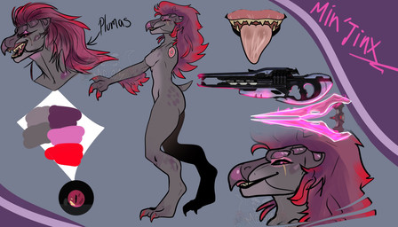 3_fingers 3_toes anthro arm_tuft beak black_lips blep breasts claws cross_section digitigrade energy_sword energy_weapon feet female finger_claws fingers grey_body hair highlights_(coloring) lips long_hair looking_at_viewer melee_weapon nude ranged_weapon red_claws red_eyes red_hair red_highlights scales sharp_teeth short_tail side_boob side_view smile smiling_at_viewer solo standing sword tail teeth toe_claws toes tongue tongue_out tuft weapon meem_(artist) halo_(series) microsoft xbox_game_studios alien avian kig-yar scalie t'vaoan 7:4 absurd_res hi_res model_sheet