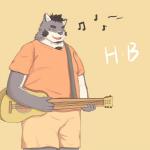 1:1 2019 anthro bottomwear canid canine canis clothing cute_fangs eyes_closed fretless_guitar goldfishdog guitar hi_res kemono male mammal musical_instrument overweight overweight_anthro overweight_male playing_guitar playing_music plucked_string_instrument shirt shorts simple_background solo stitch5201314 string_instrument topwear wolf