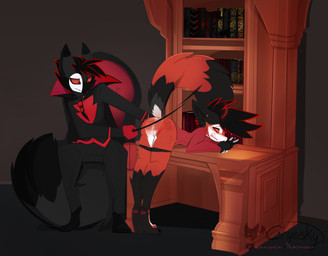 anthro ass_up bent_over blush bodily_fluids butt butt_slap cane caning clothed clothing crying desk disappointed discipline duo furniture male male/male partially_clothed reddened_butt slap spanking table tears underwear underwear_down welts voidshark_(artist) viorel_(voidshark) canid canine fox humanoid mammal vampire vulpin hi_res father_(lore) parent_(lore) son_(lore)