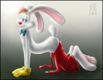 all_fours animal_genitalia anthro black_border border clothed clothing fur genitals gloves handwear looking_at_viewer male pose sheath side_view simple_background solo topless white_body white_fur zenthetiger disney who_framed_roger_rabbit roger_rabbit lagomorph leporid mammal rabbit