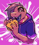 5_fingers abstract_background anthro black_sclera blue_tongue bodily_fluids brown_body brown_hair brown_scales burger clothed clothing countershade_torso countershading drooling eyelashes fangs female fingers food forked_tongue glistening glistening_tongue hair holding_food holding_object hoodie open_mouth orange_eyes pupils purple_background saliva saliva_on_tongue scales sharp_teeth shirt simple_background slit_pupils smile solo teeth tongue tongue_out topwear torn_sleeves atrolux conditional_dnp kyra_(atrolux) pit_viper rattlesnake reptile scalie snake viper chromatic_aberration digital_media_(artwork) half-length_portrait portrait gynomorph_(lore)
