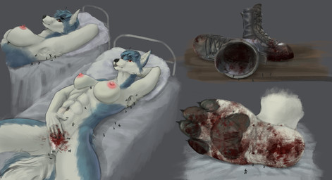 anthro blood bodily_fluids boots breasts clothing dirty dirty_feet dominant dominant_female female footwear genitals gore group male male/female micro military nipples paws shoes soldier vulva warrior worship ozdra anna_morozova canid canine canis domestic_dog husky mammal nordic_sled_dog spitz absurd_res hi_res