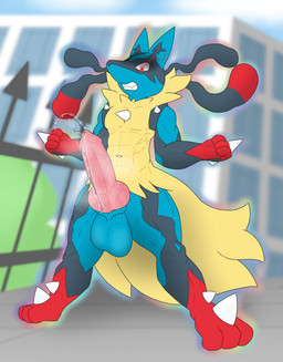 angry animal_genitalia animal_penis anthro balls big_balls big_penis blue_body blue_fur bodily_fluids canine_genitalia canine_penis city dreadlocks dripping erection excessive_genital_fluids excessive_precum fangs fur genital_fluids genitals glowing glowing_eyes grey_body grey_fur huge_balls huge_penis knot knotted_penis leaking_precum male muscular muscular_anthro muscular_male musk navel outside penis precum precum_drip precum_squirt red_body red_eyes red_fur sheath solo spikes spikes_(anatomy) standing tan_body tan_fur teeth vein veiny_penis kamek_sans nintendo pokemon canid canine generation_6_pokemon mammal mega_evolution mega_lucario pokemon_(species) hi_res