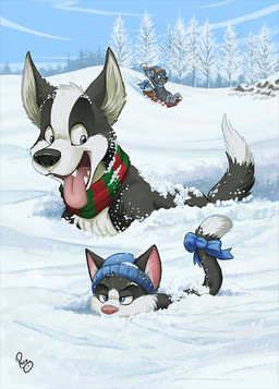 ambiguous_feral ambiguous_gender anthro blue_eyes blue_sky cheek_tuft day dipstick_tail facial_tuft feral fur glistening glistening_eyes grey_body grey_fur grey_tail group head_tuft logo male male_anthro markings open_mouth open_smile outside plant sky smile snow tail tail_markings tree trio tuft white_body white_fur white_tail young young_anthro young_male pandapaco canid canine domestic_cat felid feline felis mammal mouse murid murine rodent artist_logo signature