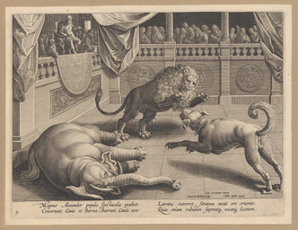 animal_genitalia anus balls being_watched claws collar crowd curtains feral fight fur genitals group inside looking_at_another lying male male/male male_feral male_human nude_male on_side perineum proboscis_(anatomy) raised_tail sheath tail teeth text trio trunk_(anatomy) jan_van_der_straet_(stradanus) canid canine canis domestic_dog elephant elephantid felid human lion mammal pantherine proboscidean 16th_century absurd_res ancient_art hi_res latin_text monochrome sepia translated