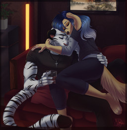 4_toes 5_fingers affectionate anthro anthro_on_anthro black_nose black_stripes blue_hair bottomwear breasts claws clothed clothed_anthro clothed_female clothed_male clothing duo eyes_closed feet female finger_claws fingers fur furniture hair hindpaw hug humanoid_hands husband_and_wife interspecies interspecies_romance intimate love male male/female married_couple on_sofa pants paws pink_nose romantic romantic_couple shirt sitting sitting_on_sofa snout sofa striped_body striped_fur stripes tail tan_body tan_fur text toes topwear white_body white_fur white_hair ariveil rick_(raynadkins) sasha_(ariveil) bird_dog canid canine canis domestic_dog felid hunting_dog mammal pantherine retriever tiger hi_res