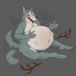 1:1 anthro antlers beastars belly big_belly bloated bodily_noises burping canid canine canis cervine corgi_kiwi_(artist) deer fur grey_body grey_fur hi_res horn huge_belly legoshi_(beastars) louis_(beastars) male male/male male_pred male_prey mammal navel nude open_mouth red_deer scar simple_background tail tail_motion tailwag vore wolf