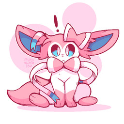 accessory ambiguous_gender big_ears blue_eyes bow_ribbon exclamation_point feral fur hair_accessory hair_bow hair_ribbon pink_body pink_fur ribbons simple_background sitting solo surprised text white_body white_fur mysticwaffle032 nintendo pokemon eeveelution generation_6_pokemon pokemon_(species) sylveon 1:1 aliasing digital_media_(artwork) signature