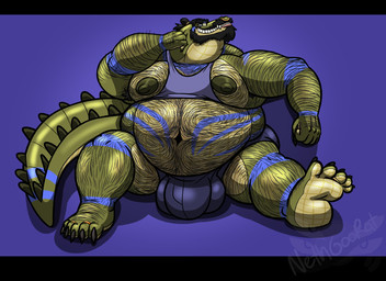 anthro arm_hair armpit_hair beard belly belly_hair big_belly big_bulge big_nipples body_hair bulge chest_hair detailed_bulge eyewear facial_hair facial_piercing feet glasses hairy huge_bulge long_tail looking_at_viewer male markings moobs navel nipples nose_piercing nose_ring overweight overweight_male piercing ring_piercing scratching_neck septum_piercing septum_ring sitting smile solo spikes tail nethgoorat neth_rusiki_azhti alligator alligatorid crocodilian reptile scalie hi_res