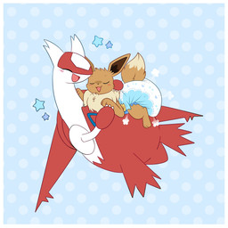 3_fingers 3_toes ambiguous_gender back_wings big_diaper black_nose blue_background blush blush_lines border brown_body brown_fur brown_inner_ear brown_tail claws clean_diaper clothed clothing cloud_emanata diaper diaper_only diaper_puff dipstick_tail dotted_background duo emanata eyes_closed facial_markings feet feral finger_claws fingers floating fur head_markings holding_another markings multicolored_body multicolored_fur one_eye_obstructed open_mouth open_smile pattern_background red_body simple_background smile tail tail_markings tan_body tan_fur tan_tail tan_tail_tip toes topless two_tone_body two_tone_tail wearing_diaper white_body white_border wings jupiters nintendo pokemon eevee generation_1_pokemon generation_3_pokemon latias legendary_pokemon pokemon_(species) 1:1 hi_res