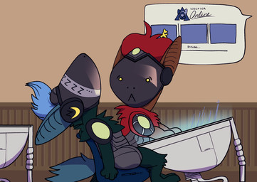 blue_hair chibi classroom crescent_moon desk fur furniture green_body green_fur hair inside looking_aside machine moon red_body red_fur red_hair school sleeping sound_effects speech_bubble surprised table vowelless vowelless_sound_effect zzz aol peanuts_(comic) protogen comic hi_res