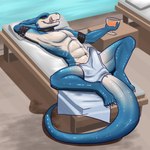 anthro anus armband athletic barely_visible_anus bent_legs bulge erection erection_under_towel hand_behind_head licking licking_lips looking_at_viewer lying male muscular on_back open_mouth outside poolside seductive sharp_teeth solo spread_legs spreading teeth tongue tongue_out towel arelus bandai_namco digimon digimon_(species) flamedramon 1:1 hi_res