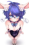 anthro blue_eyes blue_hair clothing costume hair inner_ear_fluff male nipple_slip solo speech_bubble tuft niucniuc ciel_(florrus) lagomorph leporid mammal 2021 hi_res