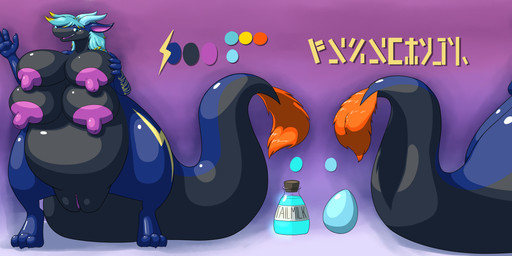 3_toes 4_breasts 4_fingers anthro areola avali_scratch_(text) belly big_areola big_breasts big_nipples big_tail big_vulva black_belly black_breasts black_tail blue_arms blue_claws blue_ears blue_eyes blue_hair blue_horn blue_legs blue_tail breasts claws color_swatch facial_horn feet female finger_claws fingers front_view genitals hair horn horned_tail huge_breasts huge_tail lightning_bolt lightning_bolt_marking multi_breast nipples nose_horn nude nude_anthro nude_female orange_tail_tuft pear-shaped_figure pink_background puffy_nipples purple_areola purple_background purple_inner_ear purple_insides purple_mouth purple_nipples purple_tongue purple_vulva rear_view simple_background solo tail tail_tuft text text_on_arm text_on_leg toes tongue tuft vulva white_background wide_hips yellow_hair_tips firolina european_mythology mythology draco_alimari dragon hybrid mythological_creature mythological_scalie scalie scent_dragon western_dragon absurd_res english_text hi_res model_sheet translated