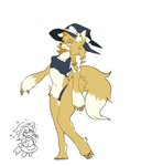 alternate_species anthro apron bodily_fluids braided_hair breasts clothing countershading dress female flying_sweatdrops fur furrification hair hat headgear headwear simple_background smile solo standing sweat sweatdrop underwear white_background white_body white_countershading witch_hat yellow_body yellow_fur syo_you9 touhou marisa_kirisame canid canine fox human mammal 2020 hi_res