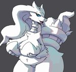 amphlow anthro big_breasts breast_squish breasts female fur generation_5_pokemon hand_on_breast holding_breast huge_breasts legendary_pokemon looking_at_viewer nintendo pokemon pokemon_(species) pokemorph raised_tail reshiram slightly_chubby solo squish tail thick_thighs tongue tongue_out