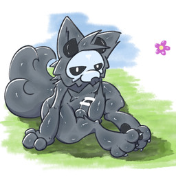 3_fingers anthro balls biped black_balls black_body black_fur black_pawpads black_penis black_sclera bone bone_mask censor_bar censored_genitalia censored_penis day erection fingers flower fluffy fluffy_tail fur genitals humanoid_genitalia humanoid_penis ineffective_censorship looking_at_viewer male male_anthro mask nude_anthro nude_male outside pawpads paws penis plant pupils sitting skull skull_mask snout solo tail white_pupils iyy changed_(video_game) puro_(changed) canid canine latex_creature mammal 1:1 2026 absurd_res censored digital_drawing_(artwork) digital_media_(artwork) english_description hi_res