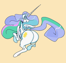 all_fours big_butt blue_sclera butt cutie_mark female feral fur hooves horn mane multicolored_mane multicolored_tail rear_view simple_background smile solo tail tan_background white_body white_fur wings submarine_screw friendship_is_magic hasbro my_little_pony mythology princess_celestia_(mlp) equid equine horse mammal mythological_creature mythological_equine winged_unicorn 2021 aliasing digital_media_(artwork)