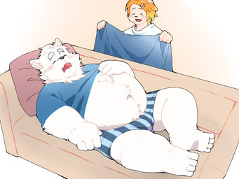 anthro belly clothing duo eyes_closed furniture kemono lying male navel overweight overweight_male pillow shirt sleeping sofa standing topwear underwear inunoshippo canid canine canis domestic_dog mammal 2026 4:3 hi_res