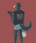 anthro autism bottomwear cellphone clothed clothing electronics fur grey_body grey_fur humor male phone profanity rear_view red_background shirt shopping_bag shorts simple_background solo standing t-shirt text text_on_clothing text_on_shirt text_on_topwear topwear rakuno beastars legoshi_(beastars) canid canine canis mammal wolf 2023 english_text hi_res reaction_image