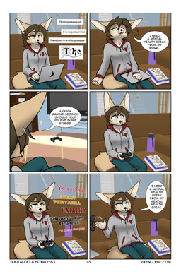 3d_background annoyed anthro blue_bottomwear blue_clothing blue_eyes blue_pants book bottle bottomwear braided_hair breasts brown_hair cheek_tuft chest_tuft clothed clothing computer container controller dialogue electronics facial_tuft female fully_clothed fur furniture game_controller hair happy inside jacket laptop notebook on_sofa pants sitting slim small_breasts sofa solo speech_bubble tail tan_body tan_fur text tired topwear tuft water_bottle white_clothing white_jacket white_topwear foxboy83 tootaloo vixen_logic zerda_(vixen_logic) canid canine fennec_fox fox mammal true_fox colored comic digital_media_(artwork) english_text hi_res url