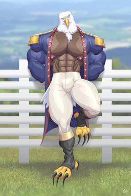 abs anthro beak big_bulge big_muscles big_nipples big_pecs bottomwear brown_body bulge chest_tuft clothing colonial_dress feathers footwear huge_muscles huge_pecs hyper hyper_muscles hyper_pecs looking_at_viewer male male_anthro muscular muscular_anthro muscular_male nipples on_one_leg overcoat pants pecs pink_nipples shirtless shirtless_anthro shirtless_male solo standing text tight_clothing top_heavy tuft white_body white_feathers wolfiecanem american_eagle accipitrid accipitriform avian bald_eagle bird eagle sea_eagle 2019 2:3 absurd_res english_text hi_res