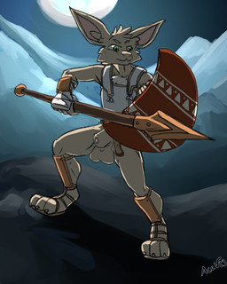 animal_genitalia anthro armor balls bat_ears bottomless bottomless_male breastplate casual_exposure clothed clothing detailed_background digitigrade footwear full_moon fur genitals greaves green_eyes holding_object holding_weapon humanoid_genitalia humanoid_penis male melee_weapon moon mountain night outside penis penis_tip polearm sandals sheath shield shoes solo spear tan_body tan_fur vambrace weapon acev turo_of_akesh bat desert_long-eared_bat mammal wingless_bat digital_media_(artwork) hi_res