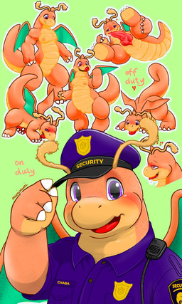 ahegao anthro blush bodily_fluids drooling electronics floating heart_symbol looking_pleasured male masturbation nude orange_body pink_body purple_eyes raised_tail red_cheeks red_face saliva security security_guard showing_leg simple_background smile solo tail walkie-talkie wings munimuni nintendo pokemon chief_chaba dragonite generation_1_pokemon pokemon_(species) 3:5 absurd_res hi_res model_sheet