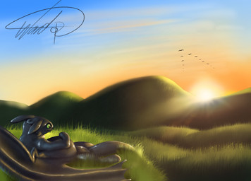 black_body blue_sky feral green_eyes membrane_(anatomy) membranous_wings sky solo sunset tail wings ward0r dreamworks european_mythology how_to_train_your_dragon mythology toothless dragon fury_(httyd) mythological_creature mythological_scalie night_fury scalie western_dragon hi_res