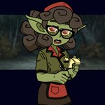 clothed clothing curled_hair eyewear female glasses green_body green_skin hair long_ears not_furry parody_character red_eyes solo waitress_uniform bunny75 helltaker pandemonica_(helltaker) goblin humanoid 1:1