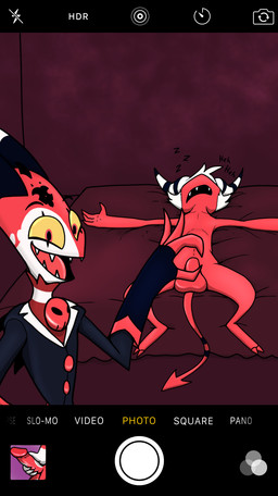 animal_genitalia anthro balls camera_view clothed clothing duo fully_sheathed genitals hand_on_penis male male/male nude penis red_body sheath sleeping smile text yellow_sclera trashbadger hellaverse helluva_boss blitzo_(helluva_boss) moxxie_(helluva_boss) demon imp english_text hi_res