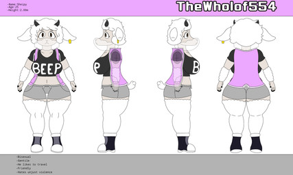 anthro black_horn brown_eyes clothed clothing female fur horn solo text white_body white_fur white_wool wool_(fur) wool_hair thewholof554 sheipy_(thewholof554) bovid caprine mammal sheep absurd_res english_text hi_res model_sheet