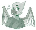 anthro beak blush blush_lines clothing feathers female freckles green_beak green_body green_eyes green_feathers one_eye_closed shirt solo t-shirt topwear wings wink scribby_kibby eira_(eiraryyu) avian bird corvid javan_green_magpie magpie_(corvid) oscine passerine shaded signature simple_shading sketch