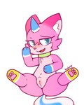 1_horn 2018 4:5 bakap blue_eyes blue_hands blue_horn cartoon_network fangs female fur genitals hi_res horn inner_ear_fluff lego looking_at_viewer open_mouth pawpads pink_body pink_ears pink_fur pink_inner_ear pink_nose pink_pawpads pussy red_tongue sitting solo teeth the_lego_movie tongue tuft unikitty unikitty! white_inner_ear_fluff yellow_paws