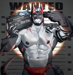 2_horns abs anthro arm_scar arm_tattoo barbell_piercing beard black_hair blue_eyes chart chest_scar claws clothed clothing countershade_torso countershading elbow_fin eye_scar eyebrow_slit eyebrows facial_hair facial_scar fin finger_claws gills grey_body grey_scales hair height_chart holding_object horn jail_placard lip_scar male mugshot multicolored_body multicolored_scales muscular muscular_anthro muscular_male navel nipple_barbell nipple_piercing nipples pantsless pecs piercing red_clothing red_horn red_speedo red_swimwear scales scar shoulder_tattoo solo speedo swimwear tail tail_fin tattoo toothy_smile topless two_tone_body two_tone_scales white_body white_countershading white_hair white_scales icelernd ethan_shax fish marine shark 2024