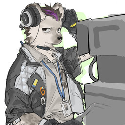 anthro black_clothing black_gloves black_handwear clothing collar electronics eyebrow_piercing facial_piercing fur gloves grey_body grey_clothing grey_fur grey_shirt grey_topwear hair handwear headphones jacket looking_at_viewer male piercing shirt solo topwear walkie-talkie nigirikobushi2 arknights hypergryph studio_montagne spot_(arknights) hyena mammal spotted_hyena 1:1 2025 hi_res