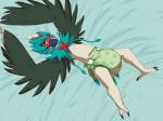 ambiguous_gender anthro beak clean_diaper clothed clothing diaper diaper_only feathered_wings feathers lying simple_background solo topless wearing_diaper wings furrychrome nintendo pokemon decidueye generation_7_pokemon pokemon_(species) shiny_pokemon 4:3