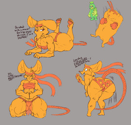 ambiguous_gender anthro big_breasts boxing_gloves breasts clothed clothing dialogue duo female fur handwear kerchief kneeling muscular orange_body orange_clothing orange_fur plant simple_background solo standing tail text thick_thighs underwear signirsol deltarune undertale_(series) green_(deltarune) orange_(deltarune) elemental_creature flora_fauna humanoid mammal mouse murid murine rodent 2026 digital_media_(artwork) english_text multiple_images