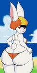 anthro big_butt bikini breasts bubble_butt butt clothing cloud female grass huge_butt looking_back open_mouth plant raised_tail sand sea solo swimwear tail thick_thighs two-piece_swimsuit water wide_hips blackmore dragon_ball dragon_ball_super sorrel lagomorph leporid mammal rabbit absurd_res hi_res