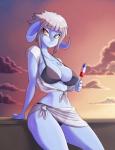 5_fingers bikini bovid_horn breasts caprine_horn cleavage clothed clothing cloud female fingers food hair holding_food holding_object horn not_furry popsicle ram_horn sky smile solo sunset swimwear two-piece_swimsuit white_hair yellow_eyes skecchiart huniepop celeste_(huniepop) alien horned_humanoid humanoid 2016 digital_media_(artwork) hi_res