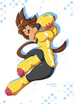 anthro arm_cannon big_breasts breasts brown_body brown_hair clothing eyebrow_through_hair eyebrows eyelashes eyewear eyewear_on_head female goggles goggles_on_head hair magenta_eyes open_mouth solo thick_thighs translucent translucent_hair weapon_arm whiskers wide_hips yellow_clothing yellow_sclera amsleepyari gameoverse glitch_productions kit_bodega domestic_cat felid feline felis mammal 2026 absurd_res hi_res